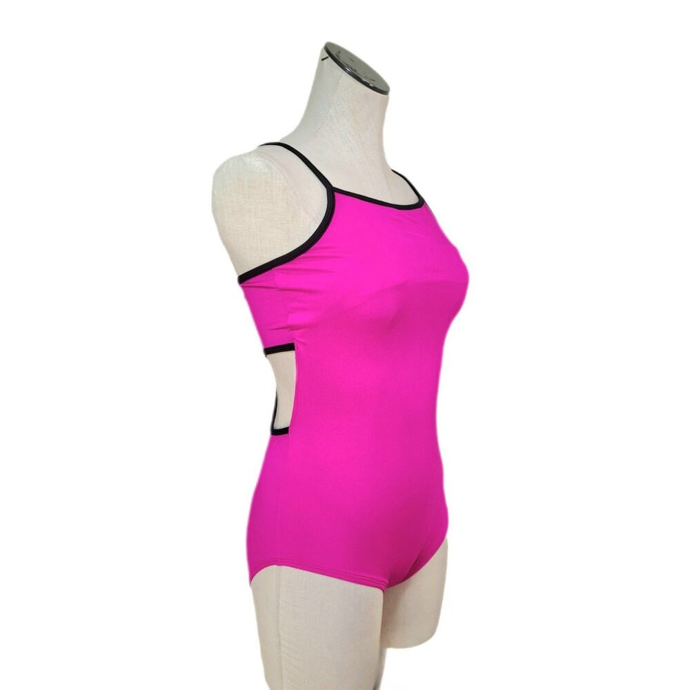 Aja VTG Hot Pink Side Cutout Keyhole Crossback Dance Leotard Built-in Bra Sz AM - Picture 7 of 16